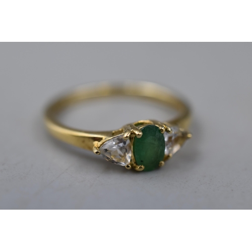 33 - A 925. Silver Gold Tone Green and Clear Stoned Ring, Size P/Q