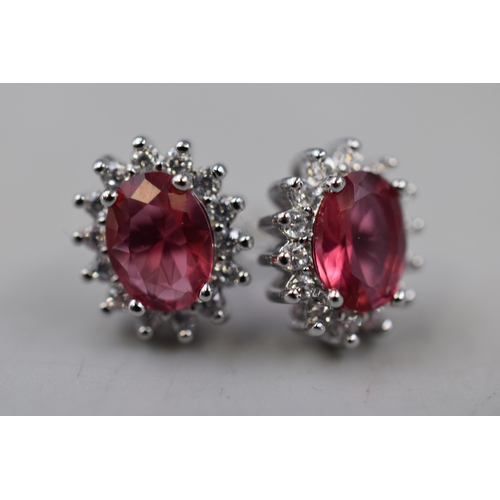 36 - Pair of Sterluing Silver Crystal Red Oval Stoned Stud Earrings in Presentation Box