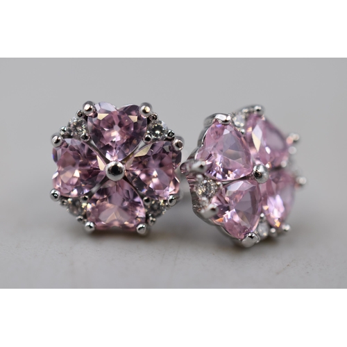 39 - Sterling Silver Crystal Pink Heart Stud Earrings in Presentation Box