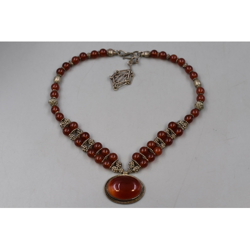 40 - Silver Carnelian Stoned Beaded Necklace Pendant