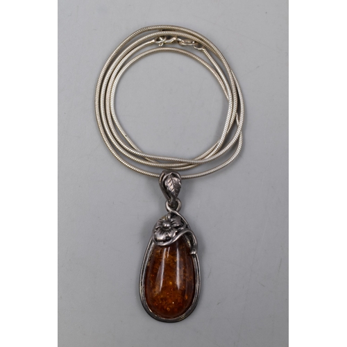 59 - Silver 925 Art Nouveau Style Amber Pendant Necklace