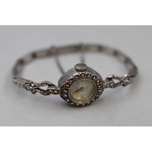 107 - A Hallmarked Y&E Birmingham Silver Cased and Strap Marcasite Stoned Ladies Avia 17 Jewels Watch,... 