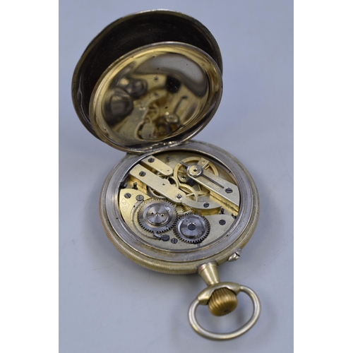 113 - A Vintage Enamelled Face Locomotive Goliath Pocket Watch, Spares or Repairs