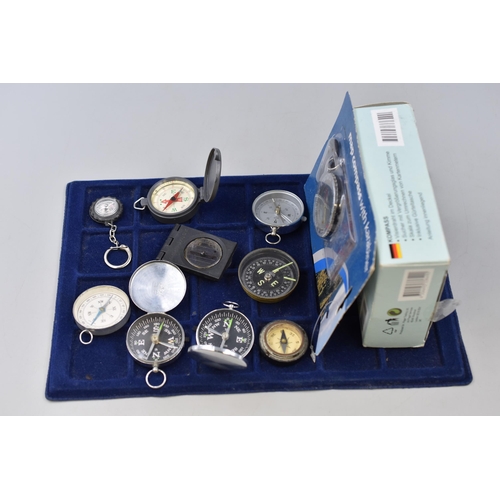 142 - A Selection of Eleven Compasses To Include Military Style, Future Scientist, And More