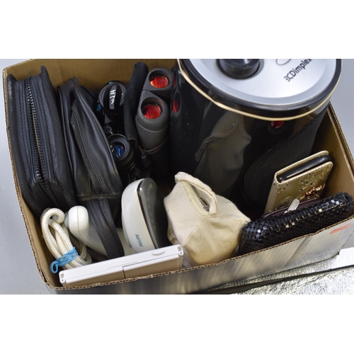 836 - Mixed Selection inclduding Dimplex 2kw Heater, two Pairs of Binoculars, Travel Iron, and More