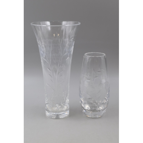 288 - Two Etched Fucshia Design Vases, Includes Pie Crust Rim and Crystal. Tallest Approx 23cm