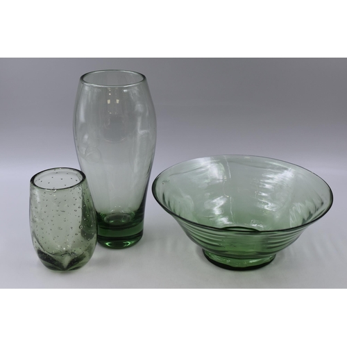 300 - Three Pieces of Vintage Green Glass To Include Bubble Controlled Vase, Glass Fruit Bowl, And Other. ... 