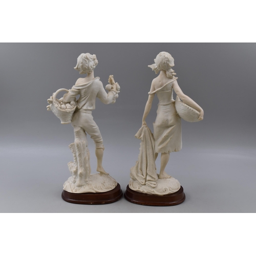 391 - Two Vintage Biscuit Porcelain Figures entitled Street Vendors standing on Wooden Plinths