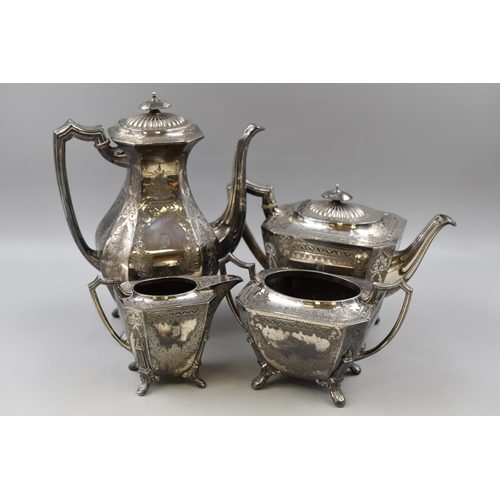 424 - Antique Silver Plated 4 Piece Tea / Coffee Set inscribed with Floral Pattern and Letter D Monogram