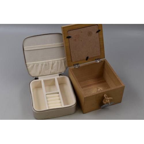 539 - Wooden Trinket Box with Space in Lid for Photograph and Metalic Coloured Jewellery Travel Box