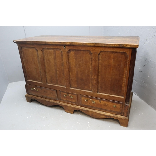 624 - Antique dark wooden large chest with three bottom drawers, missing two handles (36