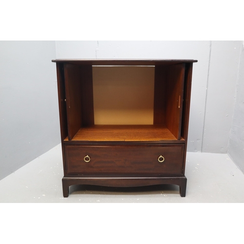 668 - Dark wooden vintage tv unit with slide curved opening front and bottom drawer (37