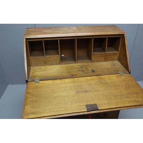 682 - Vintage writing bureau in light oak with three drawers and drop down writing desk (37