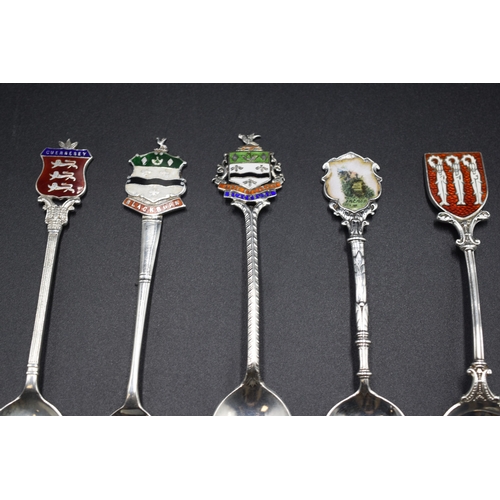 45 - Five Birmingham Hallmarked Silver Souvenir Teaspoons with Enamelled Badges (total weight 45 grams)