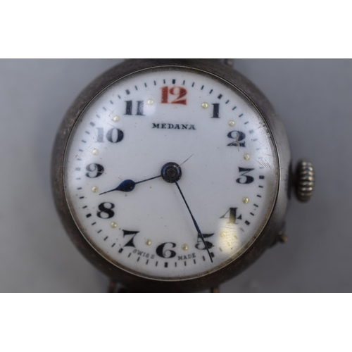 38 - A Hallmarked Imported London Silver Medana Watch With 32mm Face, Working. Circa 1919