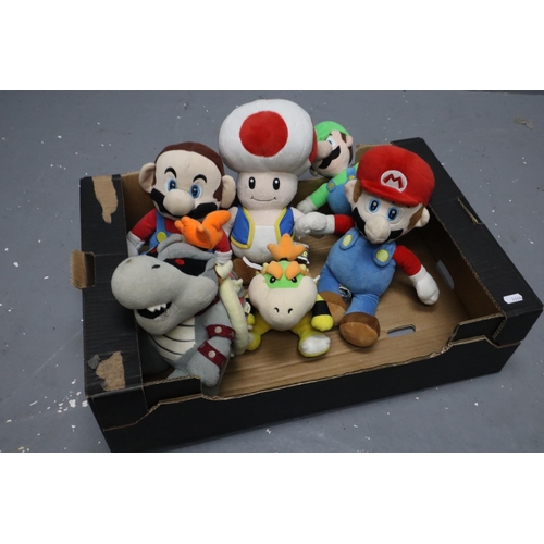 848 - Six Super Mario Bros Soft Plush Toys includes Toad Mushroom, Luigi, Large and Small Bowsers and Two ... 