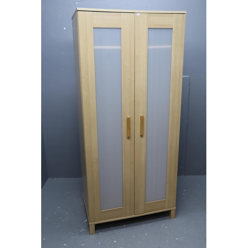 675 - Modern pine wardrobe with single shelf and rail with corrugated door windows (71