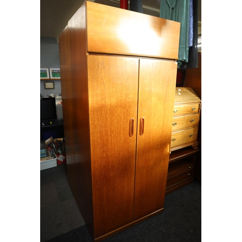 693 - Teak vintage wardrobe with overhead cupboard and two rails (80