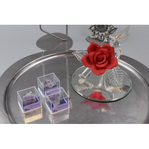 810 - A Selection of Collectables To Include Glass Baron Hummingbird Figure, Zepter Tray, Three Amethyst C... 