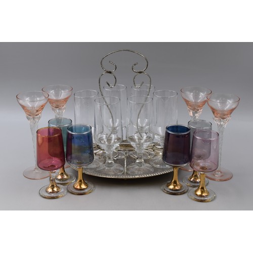 433 - Whisky Glasses Tray with a Set of Harlequin Glasses, Four Twisted Stem Aperitif Glasses and a Boxed ... 