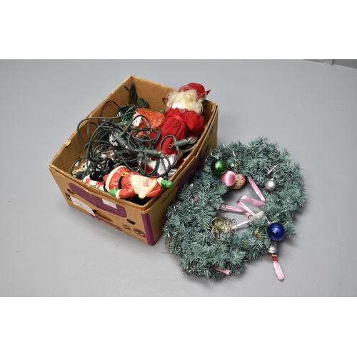 841 - Selection of Christmas Decorations including Wreath, Lights, Baubles and More