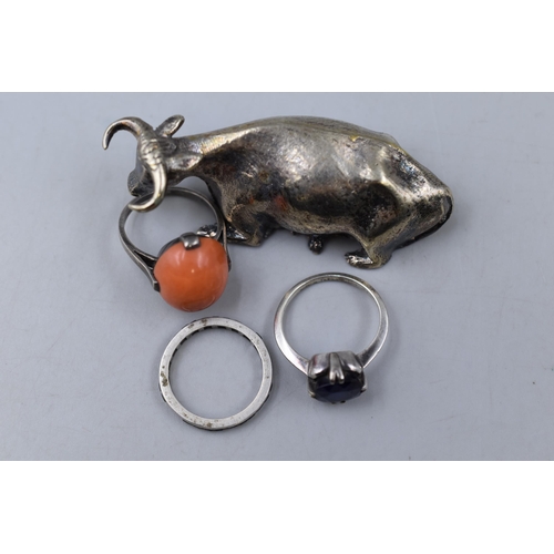 41 - Silver Cow Figure and Three Vintage Silver Rings