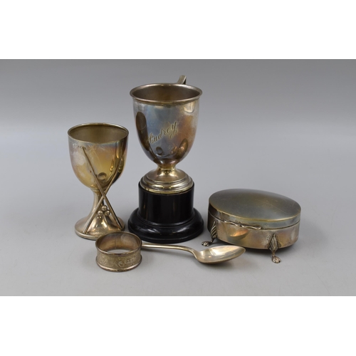 58 - Five Peices of Hallmarked Sterling Silver including two Trophies, Napkin Ring, Trinket Box and Spoon... 