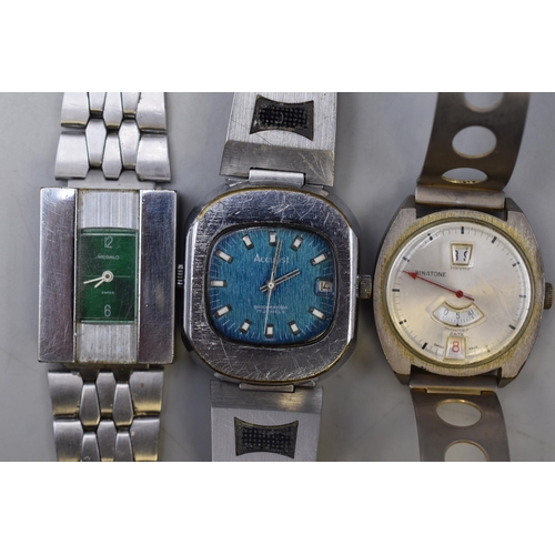 96 - Three Unusual Mechanical Watches To Include Accurist 17 Jewels, Binatone Jump Hour, And Megalo. All ... 