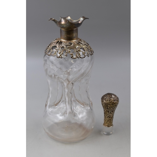 197 - Chester Hallmarked Silver Victorian Glass Glug Decanter with Repousse Silver Shoulder, Collar and St... 