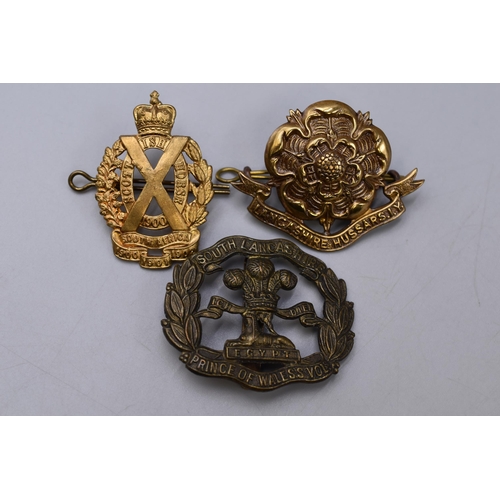 245 - Selection of 3 Military Badges including Scottish Horse Regiment, South Lancs Prince of Wales Volunt... 