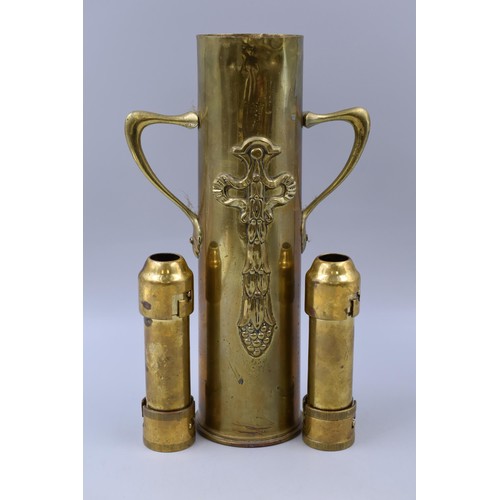 248 - Two Ratcliff Brass Ship's Engine Room Candlesticks, With Trench Art Artillery Shell Vase (Marked 191... 