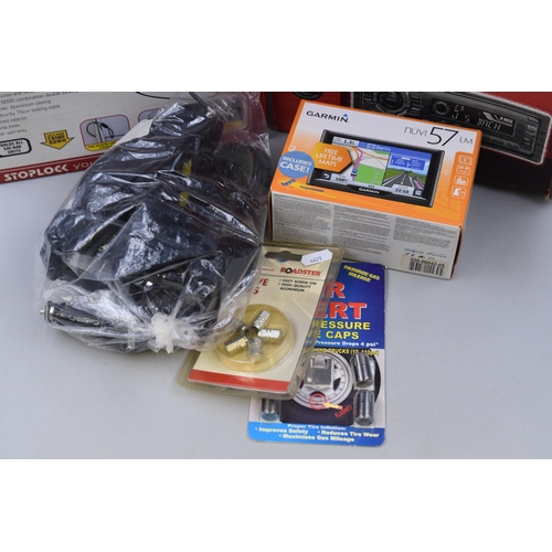 427 - A Selection of Car/Motoring Items To Include Stoplock Strongbox (Incomplete), Electronic Parking Bra... 