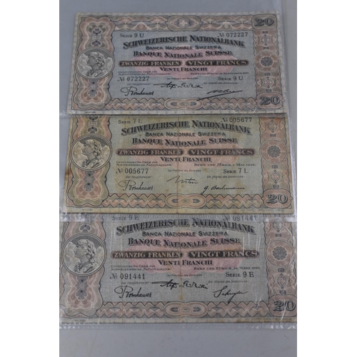 160 - Three Bank of Switzerland 20 Franc Bank Notes (Dated 1922, 1923 and 1927)