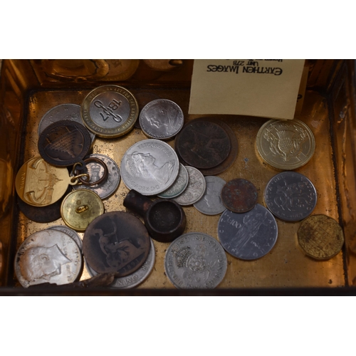 164 - A Selection of Mixed Coinage and Other Collectable Tokens In Vintage Tin. To Include Silver 1964 Hal... 