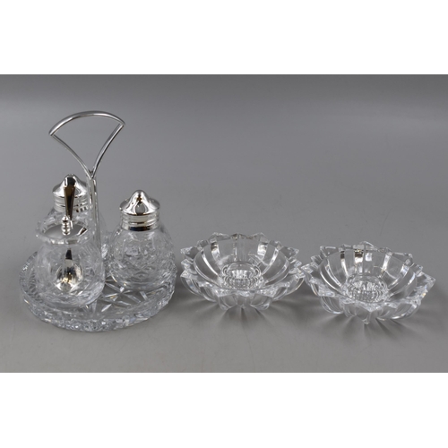 271 - A Boxed Tutbury Crystal and Silver Plated Four Piece Condiment Set, With Boxed Set of Two Cristal D'... 