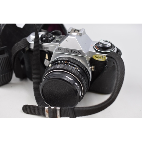 365 - Pentax ME Super SLR Camera with three Lenses (50mm, Hanimex 200mm Zoom and Hanimex Wide Angle with S... 