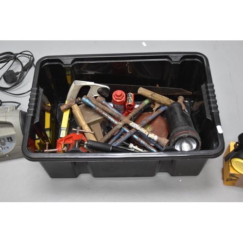 605 - Mixed selection of tools and other items to include, tyre irons, hammers, saw, spirit level, car jac... 