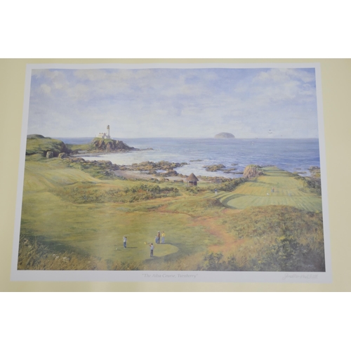 450 - A Selection of Golfing Items To Include Signed Joathan Mitchell Print Titled 'The Aisla Course, Turn... 