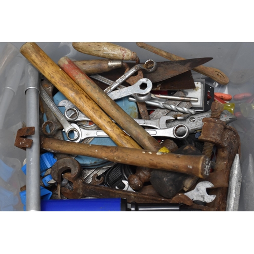 702 - Mixed lot of tools to include hammers, spanners, stanley knife, trowel, clamps and more