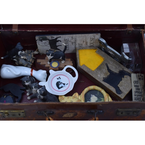 641 - Selection of Cat Related Figures, Wall Hangings, Picture Frame with a Vintage Leather Travel Case