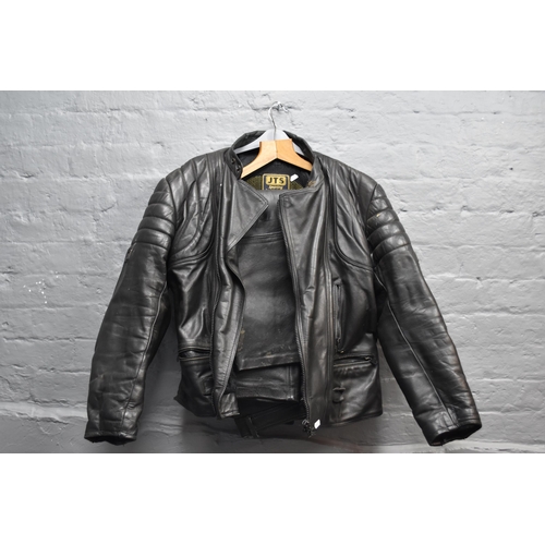 584 - A Leather JTS Motorcycle Jacket (Size 50), With A Pair of Leather Motorcycle Trousers (Size L)