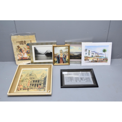 597 - Seven Pictures including 1960s London Scene, Etching of Middle Eastern Street, Virgin Mary, Hand Pai... 