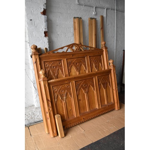 685 - Solid Pine Chunky Hand Carved Gothic Style Double Bed Frame, Local delivery can be arranged for a fe... 