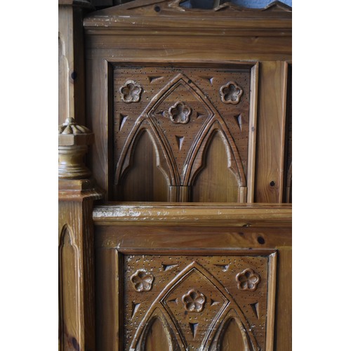 685 - Solid Pine Chunky Hand Carved Gothic Style Double Bed Frame, Local delivery can be arranged for a fe... 