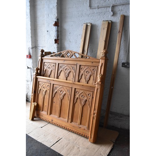 685 - Solid Pine Chunky Hand Carved Gothic Style Double Bed Frame, Local delivery can be arranged for a fe... 