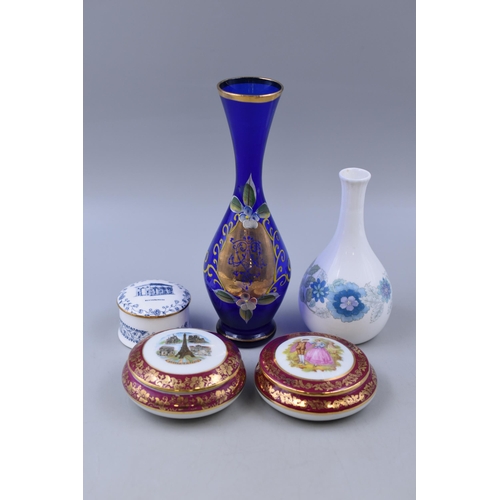 269 - Two Limoges Lidded Trinket Dishes, Wedgwood Vase, Cobalt Blue Gold Leaf Vase and More