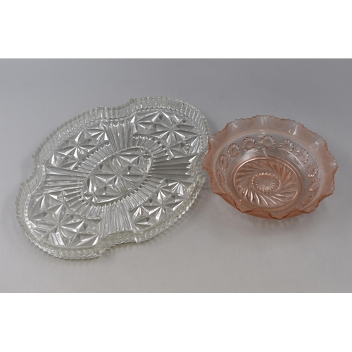 290 - Two Pieces of Vintage Pressed Glass To Include Clear Pressed Glass Tray, And Pink Glass Bowl. Tray i... 