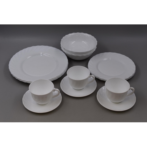 334 - A French Arcoroc White Glass Three Person Tea/Dinner Service. Includes Three Trios, Three Bowls, And... 