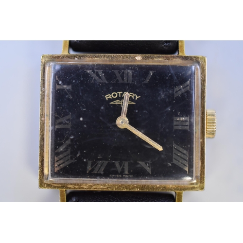 81 - A Rotary 1970's Mechanical Watch, With Rectangular Black Dial. Working