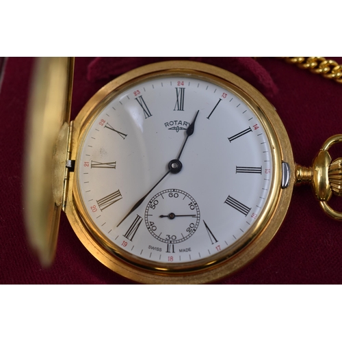 84 - A Rotary Gold Tone Mechanical Full Hunter Pocket Watch, With Presentation Case and Original Chain. W... 